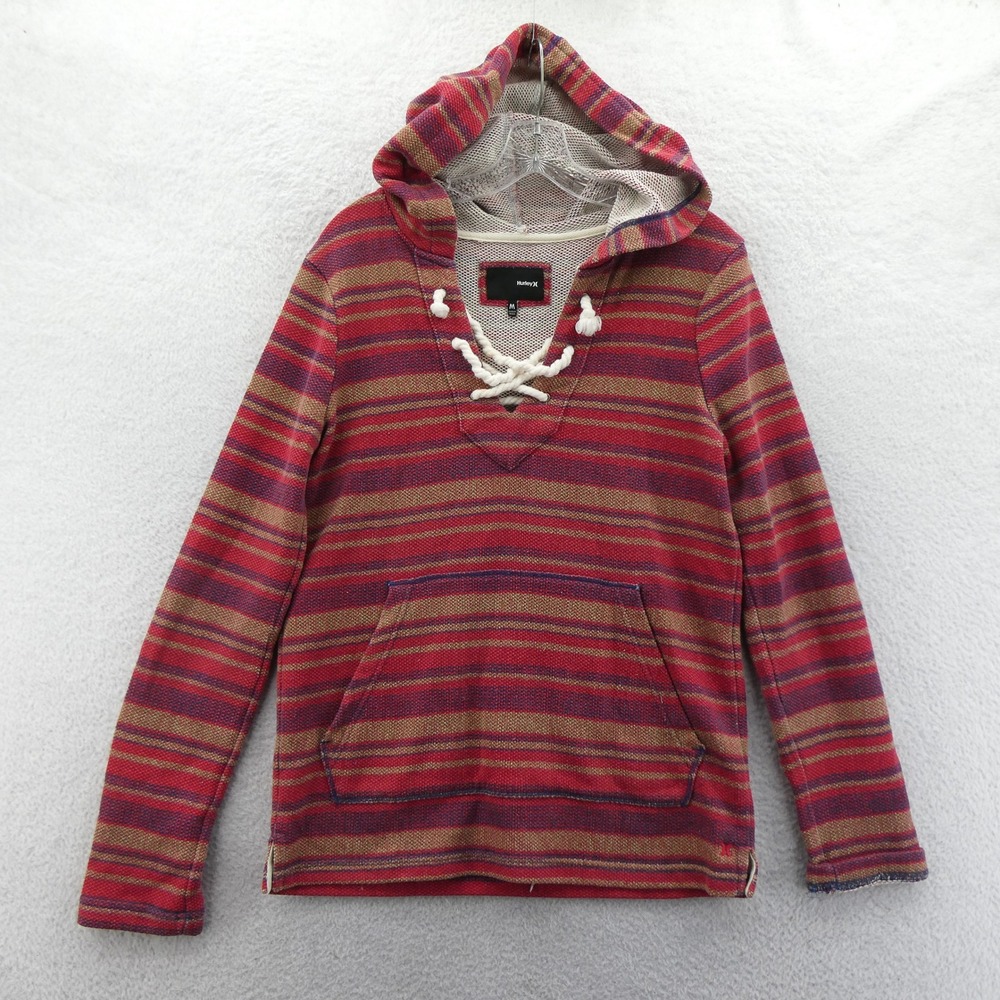 Hurley Hoodie Womens Medium Red Striped Lace Up V-Neck Pullover‎ Cotton Blend